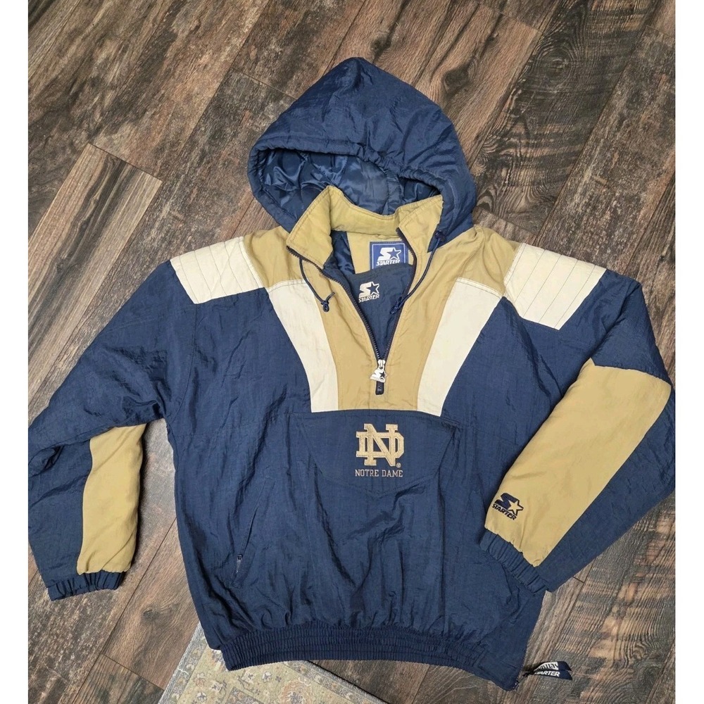 Vintage 90s Starter Notre Dame Fighting Irish Jacket Sz Large Hood Front Pocket